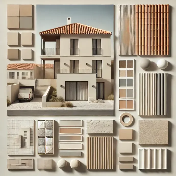 DALL·E 2024-10-12 11.50.44 – A modern mood board showcasing materials and textures typically used in contemporary residential subdivisions in Montpellier. Include Maître d’œuvre à Montpellier